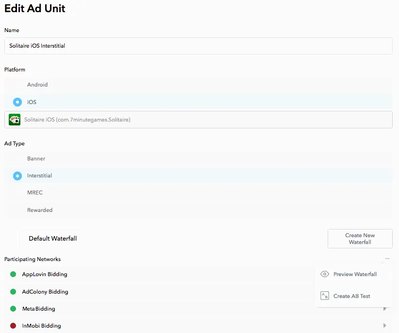 Edit Ad Unit. Name, Platform, Ad Type, Default Waterfall. Preview Waterfall, Create AB Test.