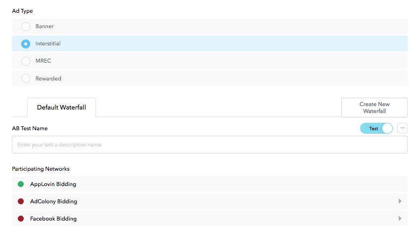 Ad Type. Default Waterfall. AB Test Name. Participating Networks.