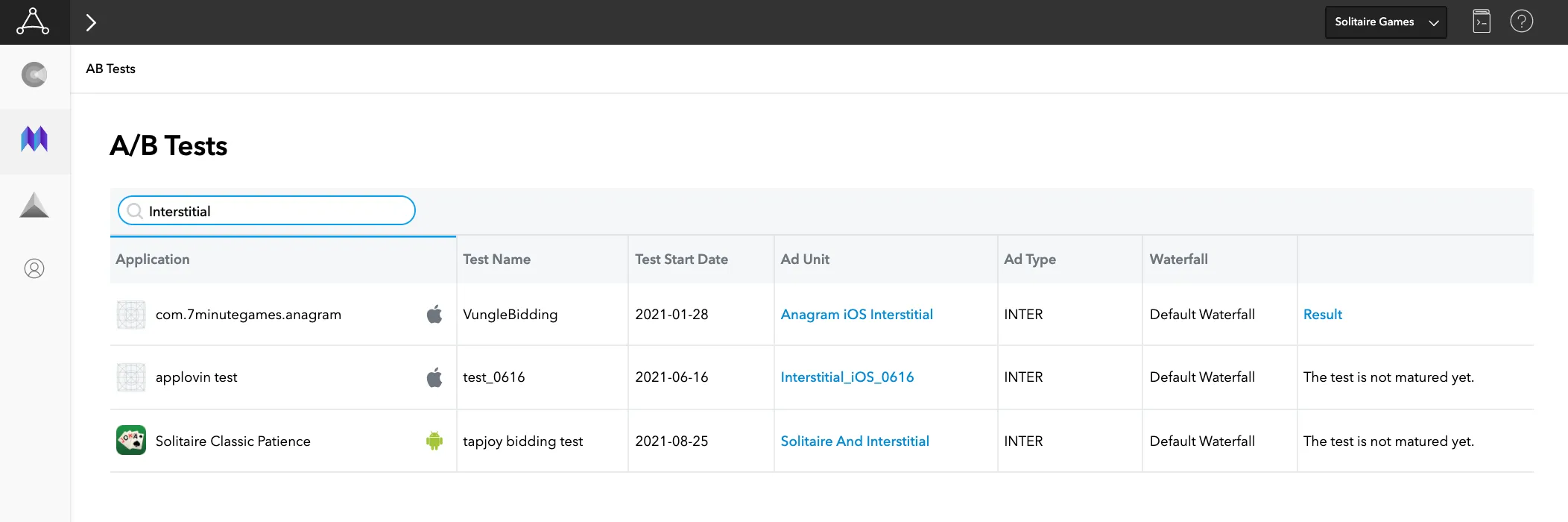 A/B Tests. Application, Test Name, Test Start Date, Ad Unit, Ad Type, Waterfall, Result