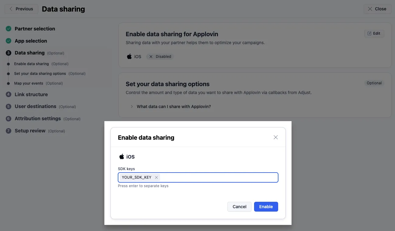 Enable data sharing. iOS. SDK keys: your S.D.K. key. Press enter to separate keys. Cancel button. Enable button.