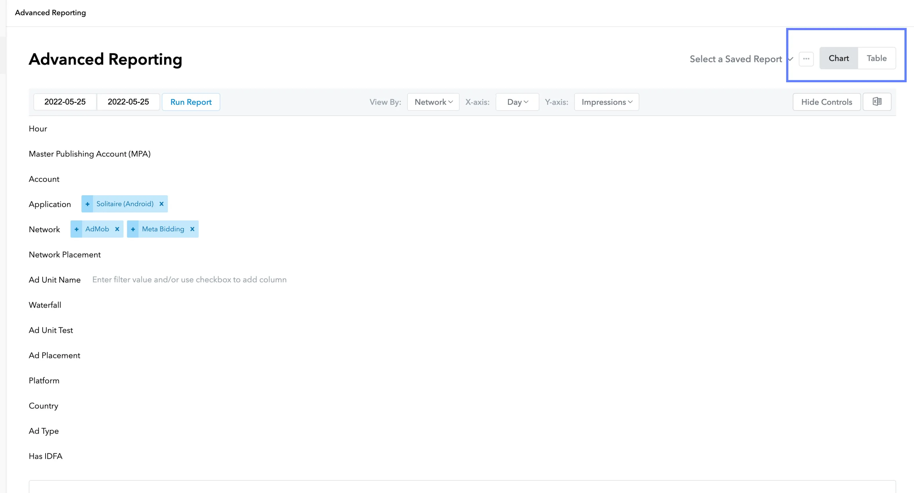 Advanced Reporting. Select a Saved Report: Chart/Table. Run Report. View By. X-axis. Y-axis. Hide Controls. Export as CSV. Hour / Master Publishing Account (MPA) / Account / Application / Network / Network Placement / Ad Unit Name / Waterfall / Ad Unit Test / Ad Placement / Platform / Country / Ad Type / Has IDFA