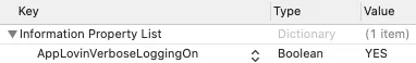 Key: Information Property List. Type: Dictionary. Value: (1 item). Key: AppLovinVerboseLoggingOn. Type: Boolean. Value: YES.