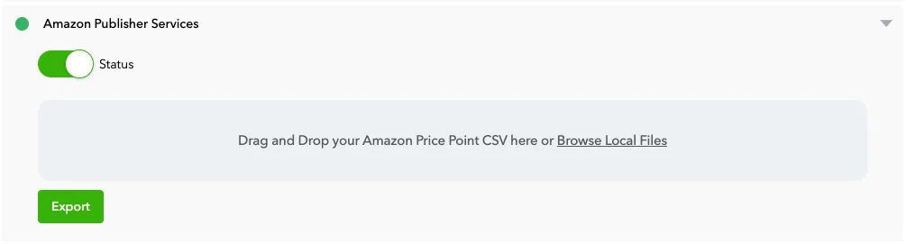 Amazon Publisher Services. Status. Include All. Drag and Drop your Amazon Price Point CSV here or Browse Local Files. Export.
