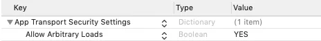 App Transport Security Settings (Dictionary): 1 item. Allow Arbitrary Loads (Boolean): YES.