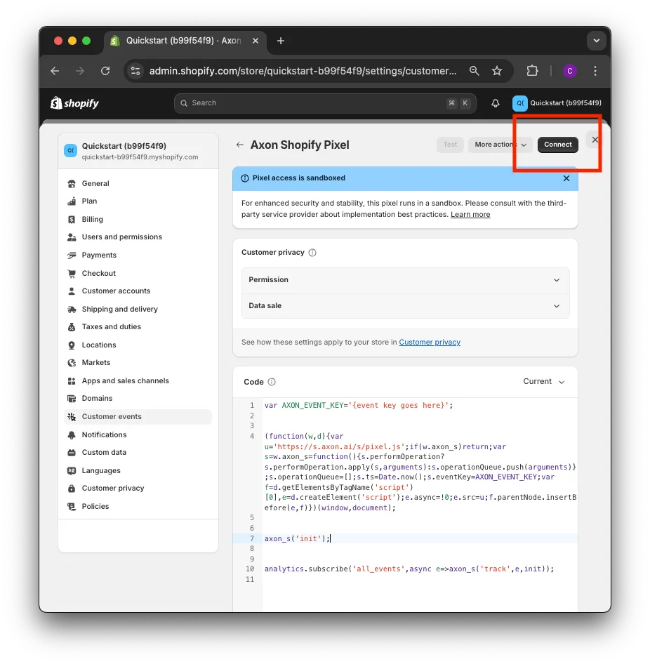 Axon Shopify Pixel. More actions drop-down option. Connect button.