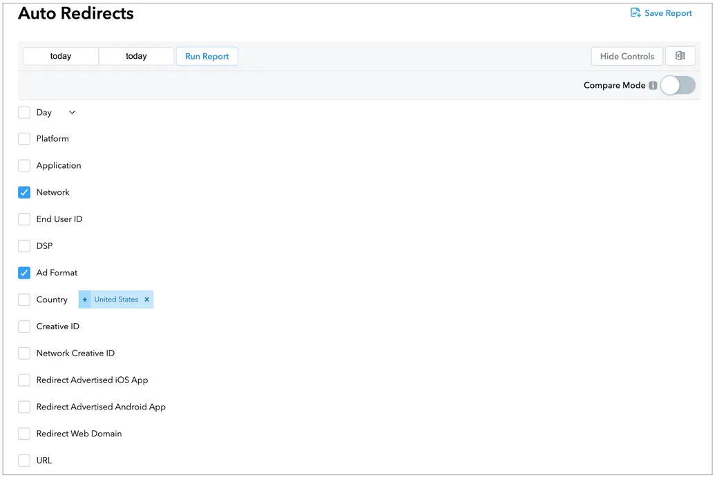 Auto Redirects. Run Report. Network, Ad Format