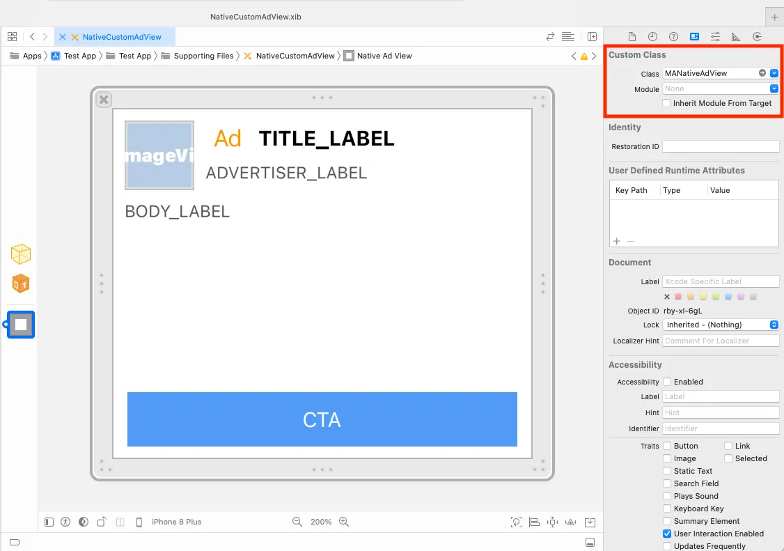 Custom Class. Class: MANativeAdView. Module: None. ☐  Inherit Module From Target.