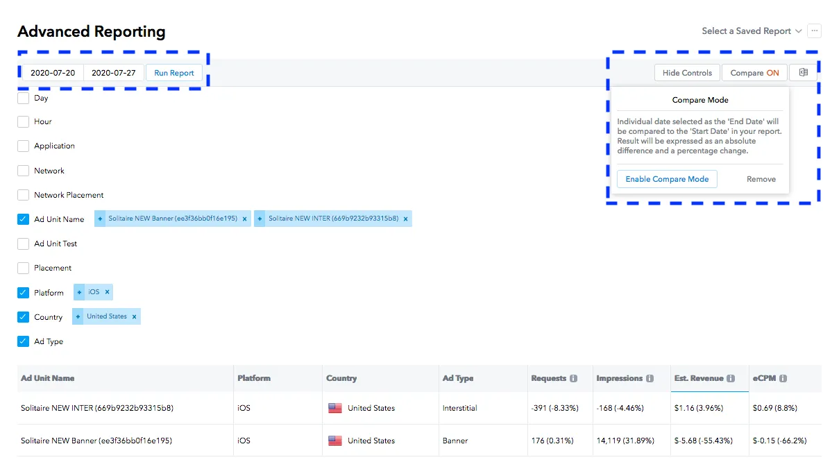 Advanced Reporting. 2020-07-20 2020-07-27. Run Report. Hide Controls. Compare: ON. Compare Mode: Individual date selected as the ‘End Date’ will be compared to the ‘Start Date’ in your report. Result will be expressed as an absolute difference and a percentage change. Enable Compare Mode. Remove.