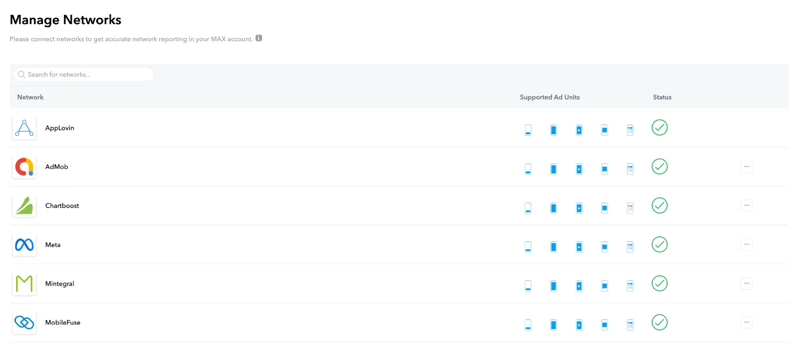 Manage Networks. Please connect networks to get accurate network reporting in your MAX account. Search for networks. Table of networks: Network, Supported Ad Units, Status.