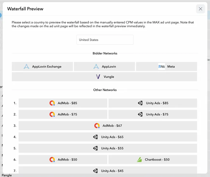 Waterfall Preview. Please select a country to preview the waterfall based on the manually entered CPM values in the MAX ad unit page. Note that the changes made on the ad unit page will be reflected in the waterfall preview immediately. Country input. Bidder Networks. Other Networks.