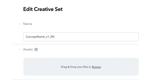 Edit Creative Set. Name field. Assets. Drag & Drop your files or Browse.