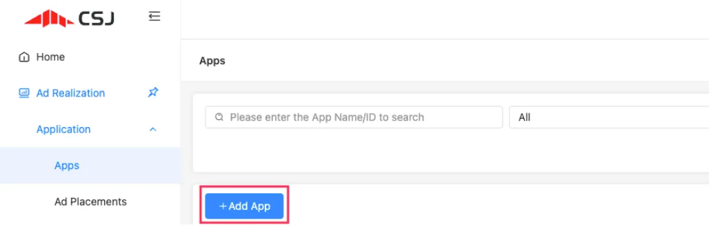 Ad Realization > Application > Apps > + Add App button