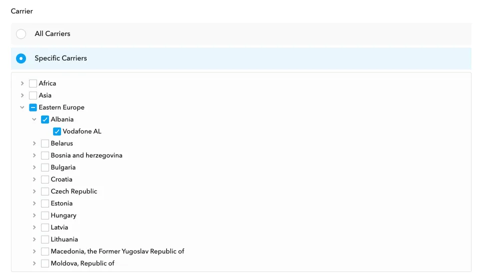 Carrier. Radio buttons: All Carriers, Specific Carriers. Checkboxes: Africa, Asia, Eastern Europe, et cetera