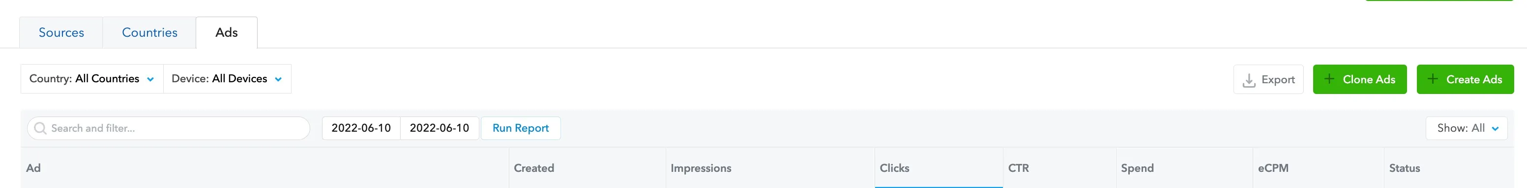 Ads tab. Country: All Countries. Device: All Devices. Search field. Dates. Run Report button. Export button. Clone Ads button. Create Ads button. Table of ads: Ad, Created, Impression, Clicks, CTR, Spend, eCPM, Status.