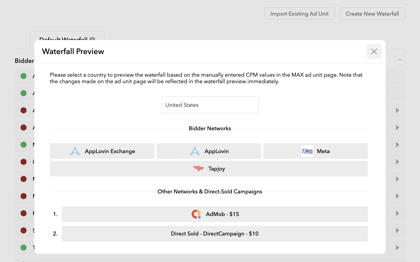 Waterfall Preview: Please select a country to preview the waterfall based on the manually entered CPM values in the MAX ad unit page. Note that the changes made on the ad unit page will be reflected in the waterfall preview immediately.