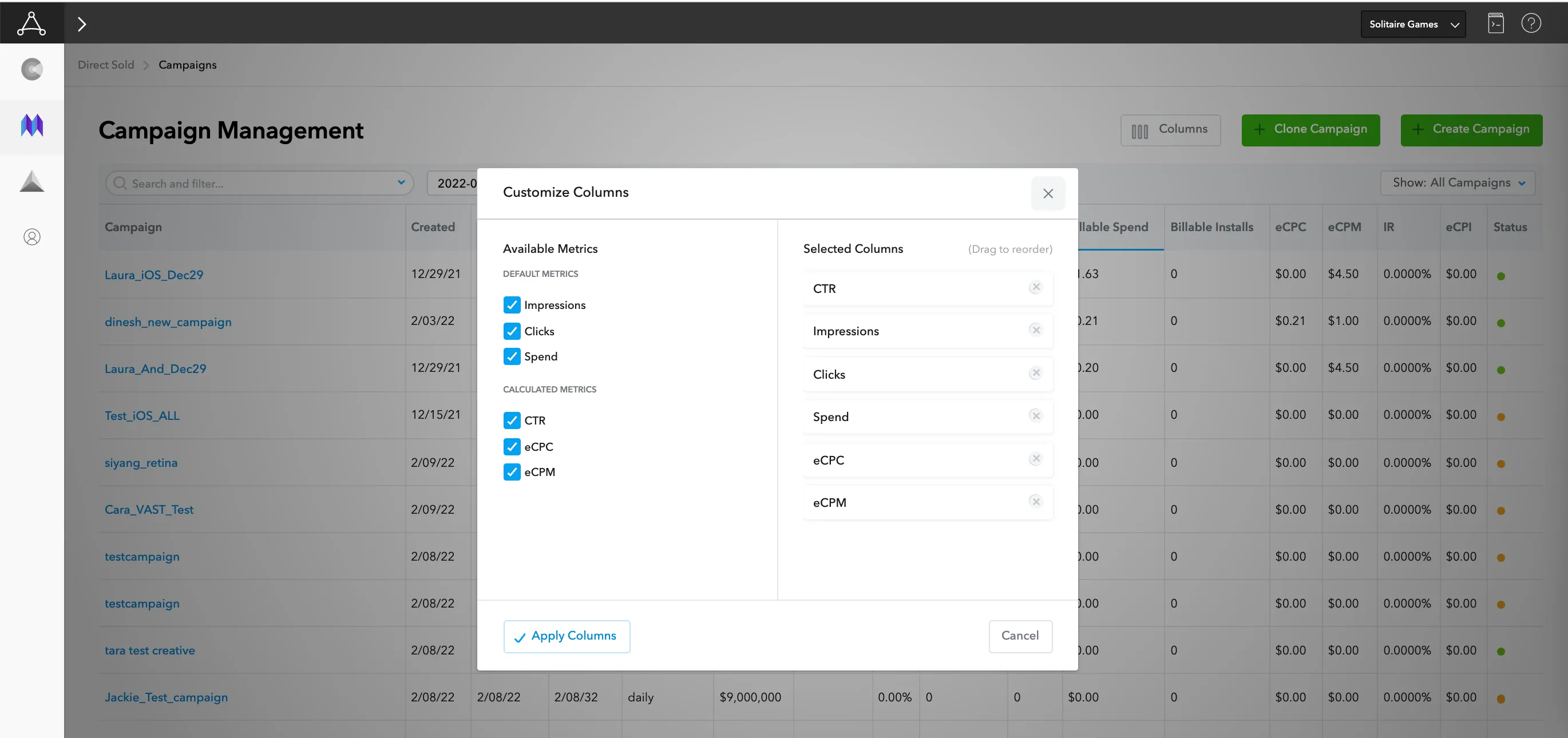 Direct Sold: Campaigns. Customize Columns.