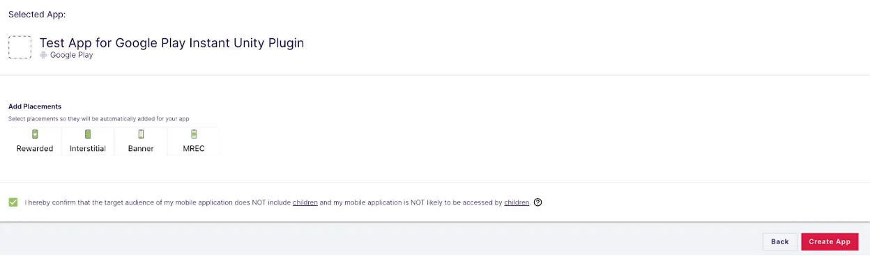 Selected App: Test (Google Play). Checkbox: By checking this box, I hereby confirm that my app is not directed to children under the age of 13 or to the general audience which may include children under the age of 13. Add Another App button. Add Placements button. Add Mediated Networks button.