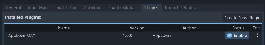 Plugins: Installed Plugins: AppLovinMAX: 1.0.0, AppLovin, ☑Enable