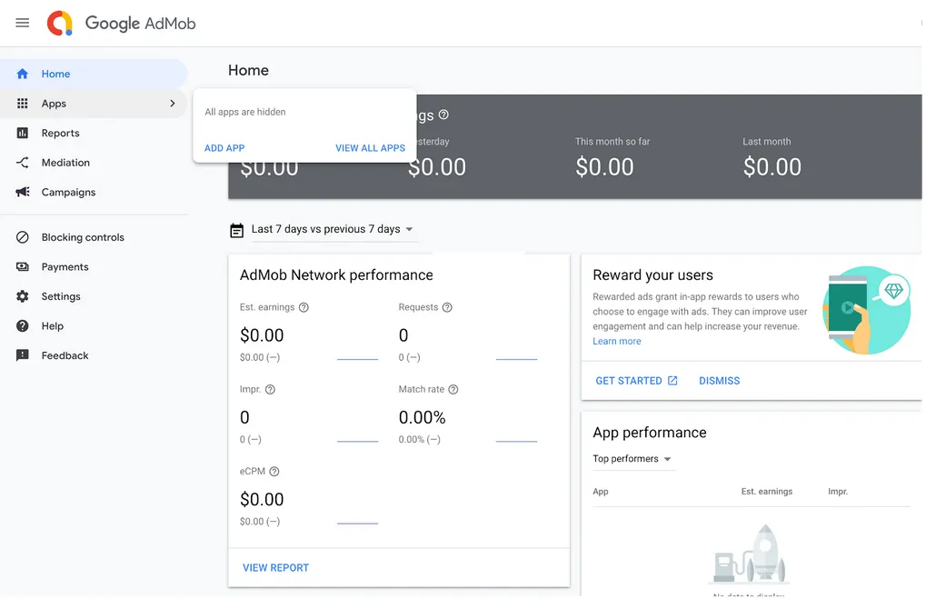 Google AdMob. Apps. All apps are hidden. Add app. View all apps.