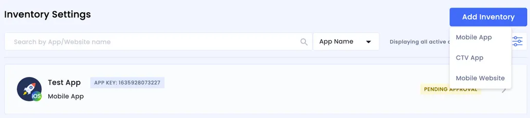 Inventory Settings. Add Inventory: Mobile App, CTV App, Mobile Website.