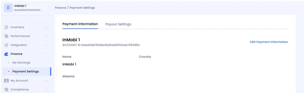 Finance/Payment Settings. Payment Information tab. Account Name. Account ID. Edit Payment Information. Name, Country, Website.