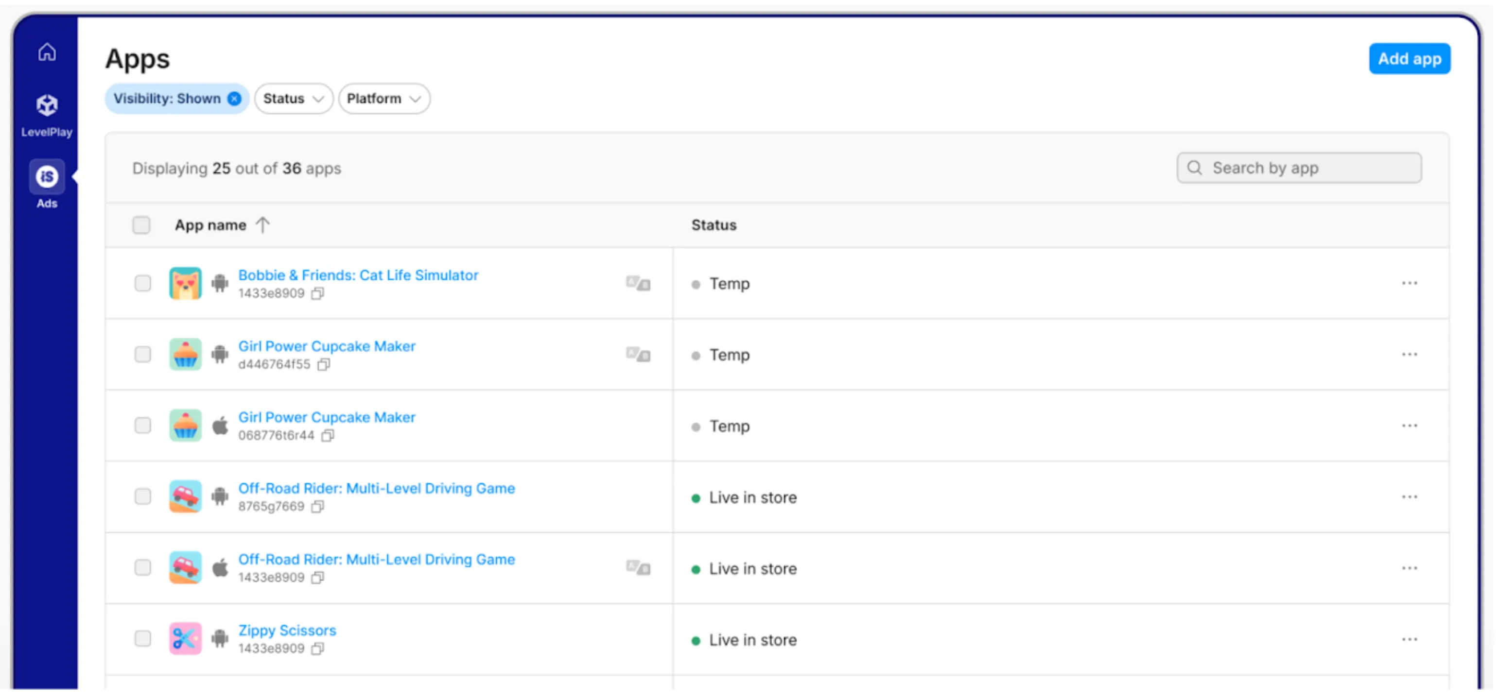 iS Ads: Apps. Visibility: Shown. Status drop-down. Platform drop-down. Displaying 25 out of 36 apps. List of apps sorted by app name. Add app button.