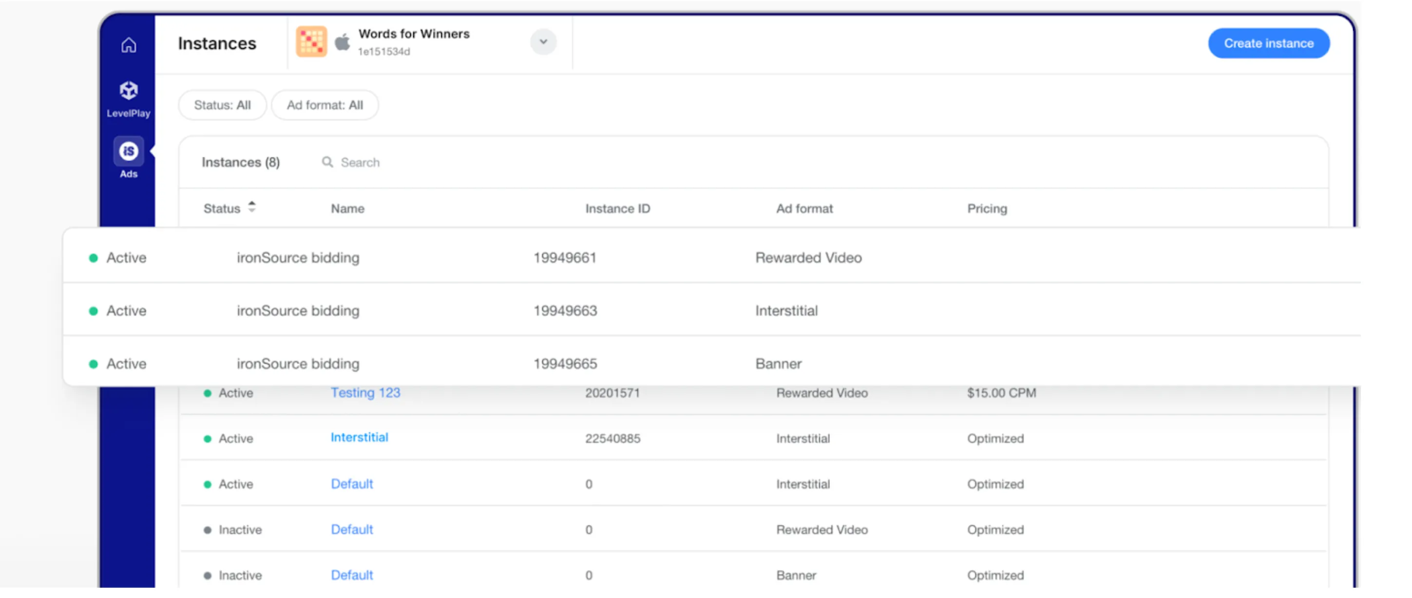 iS Ads: Instances. Status: All. Ad format: All. Instances (8). Search. Status column. Name column, Instance I.D. column. Ad format column. Pricing column. Create instance button.