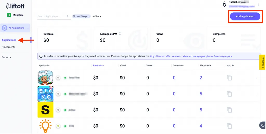 Liftoff Monetize: Add Application