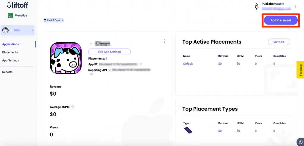 Liftoff Monetize: Applications > Add Placement