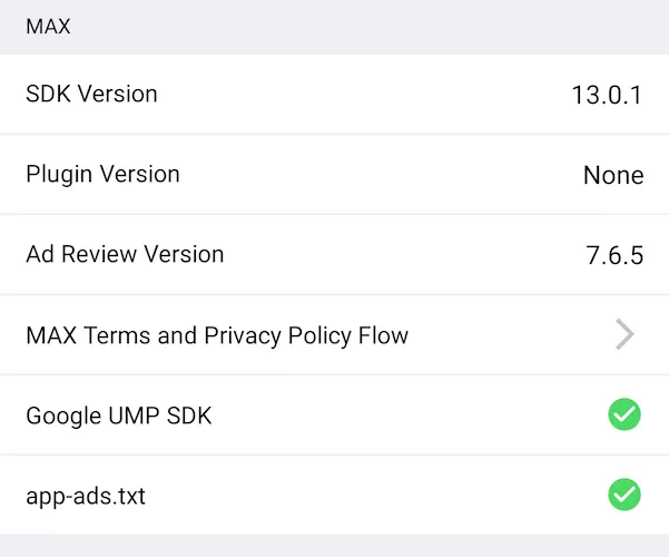 MAX Mediation Debugger. App Info, MAX.