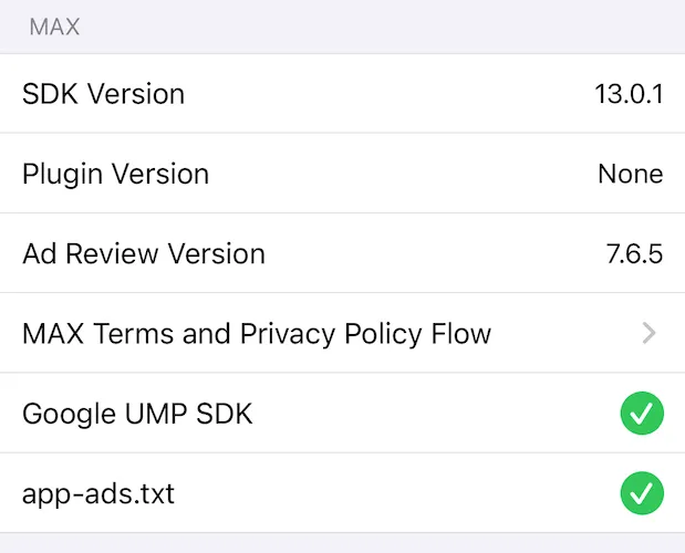 MAX Mediation Debugger. App Info, MAX.