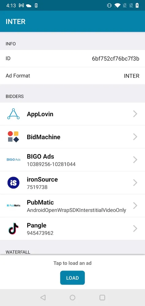 INTER: Info, Bidding Networks. Tap to load an ad.