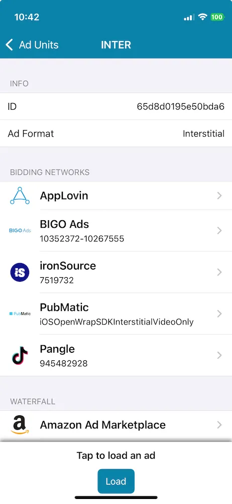 INTER: Info, Bidding Networks. Tap to load an ad.