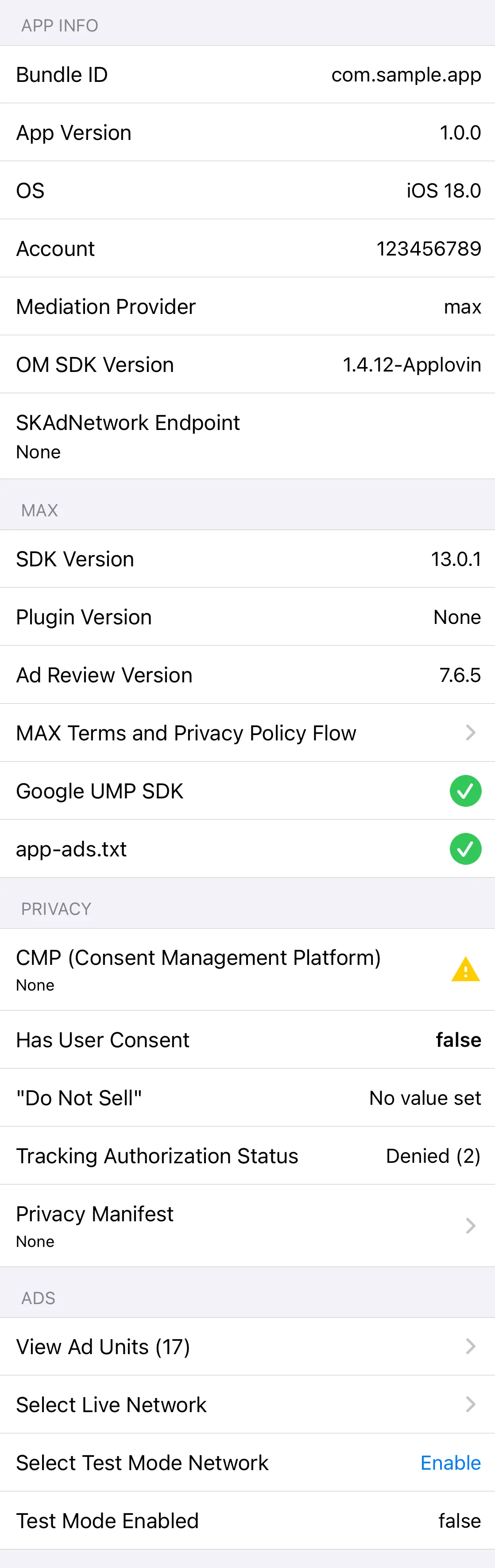 MAX Mediation Debugger: APP, MAX, Privacy, Ad Units