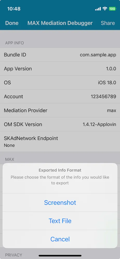 MAX Mediation Debugger. App Info, MAX.