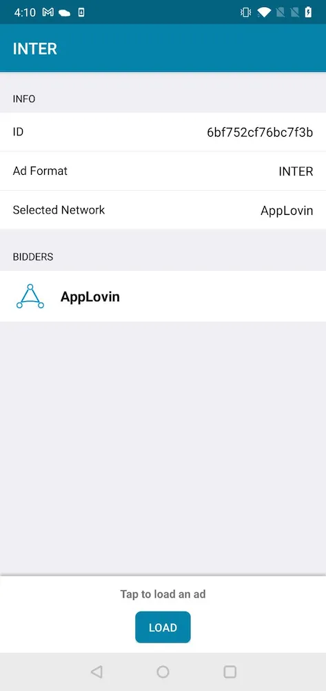 INTER: Info, Bidding networks. AppLovin ad loaded. Show.