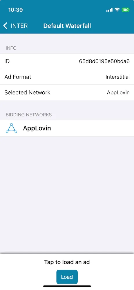 INTER: Info, Bidding networks. AppLovin ad loaded. Show.