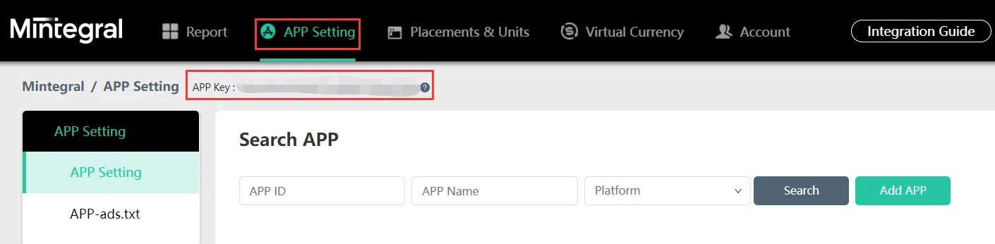 Mintegral: APP Setting. APP Key.