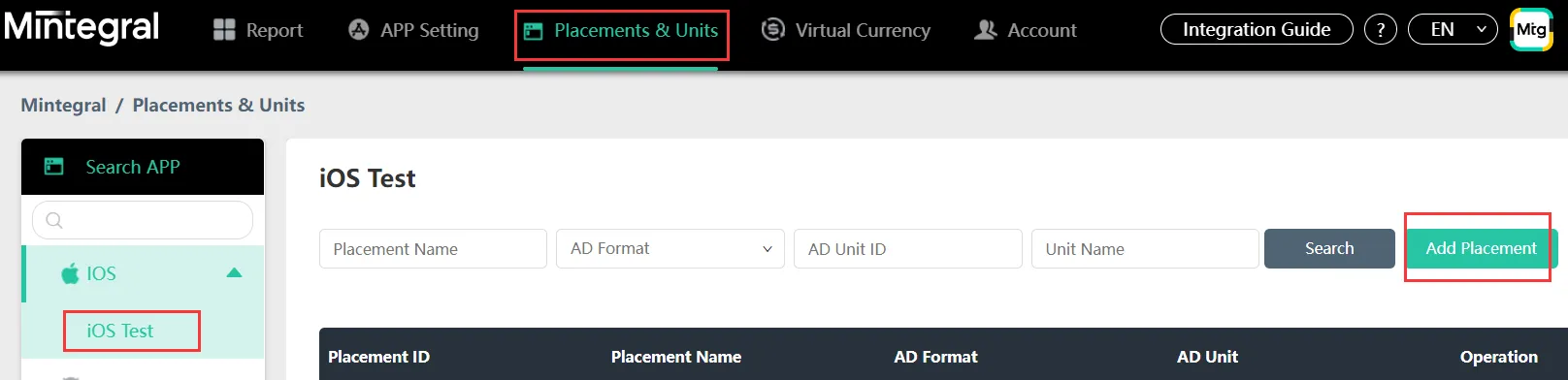 Mintegral: Placements and Units. iOS Test. Add Placement.