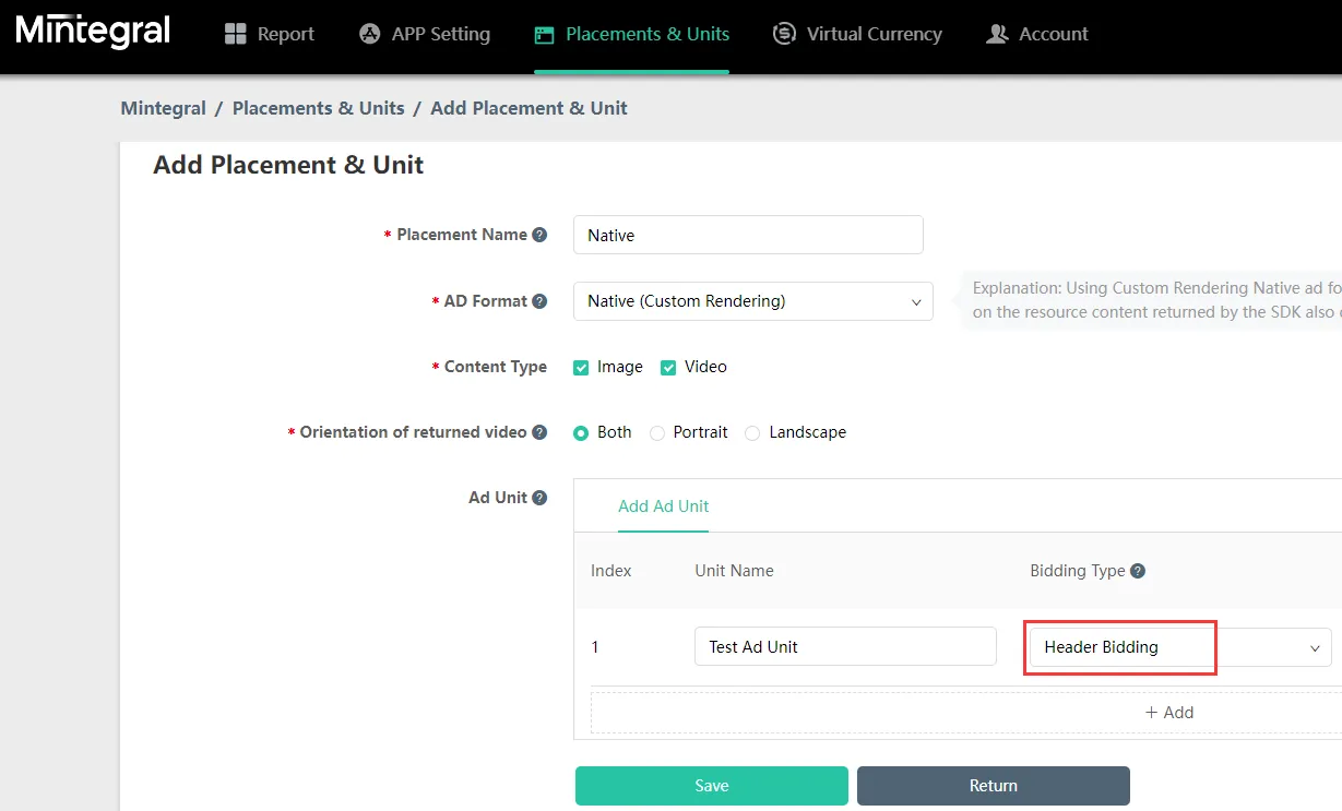 Mintegral: Add Placement and Unit. Add Ad Unit. Bidding Type: Header Bidding.