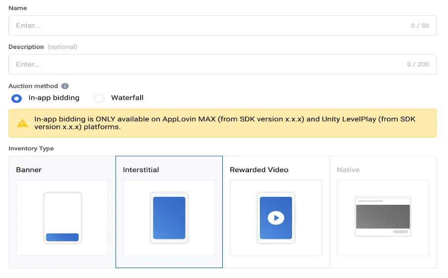 Name, Description, Auction method (In-app bidding, Waterfall), Inventory Type (Banner, Interstitial, Rewarded Video, Native)