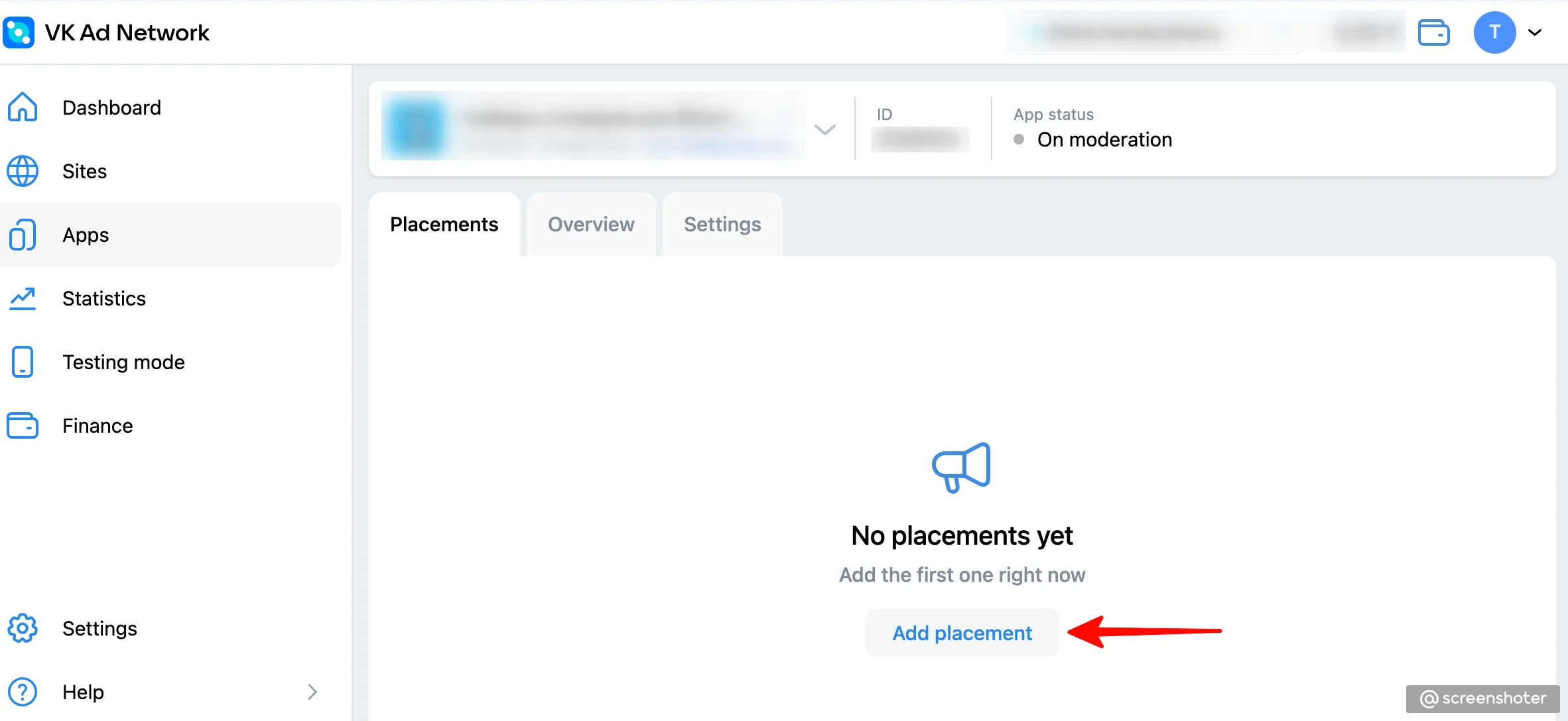 VK Ad Network. Apps > Placements. No placements yet. Add the first one right now. Add placement button.