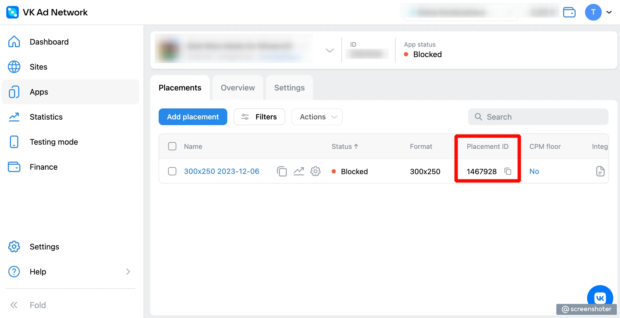VK Ad Network. Apps > Placements. Add placement button. Filters button. Actions button. Search input box. Table: Name, Status, Format, Placement I.D., C.P.M. floor