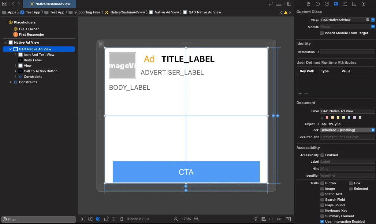 NativeCustomAdView. Native Ad View. GAD Native Ad View. Custom Class: Class: GADNativeAdView. Module: None.