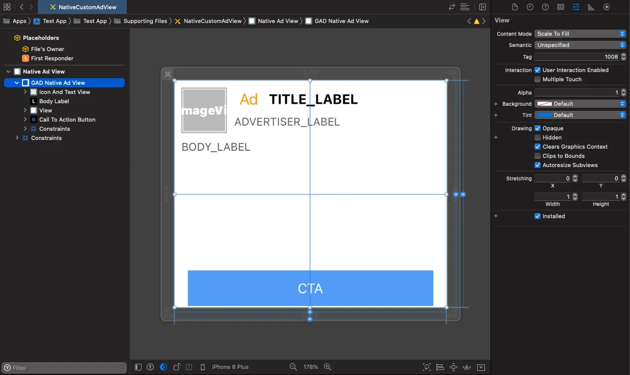 NativeCustomAdView. Native Ad View. GAD Native Ad View. View: Content Mode: Scale To Fill. Semantic: Unspecified. Tag: 1008. Interaction: ✅ User Interaction Enabled.