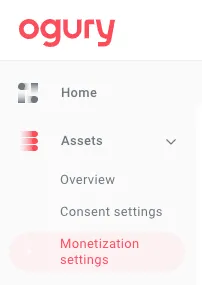 ogury: Home, Assets: Overview, Consent settings, Monetization settings.