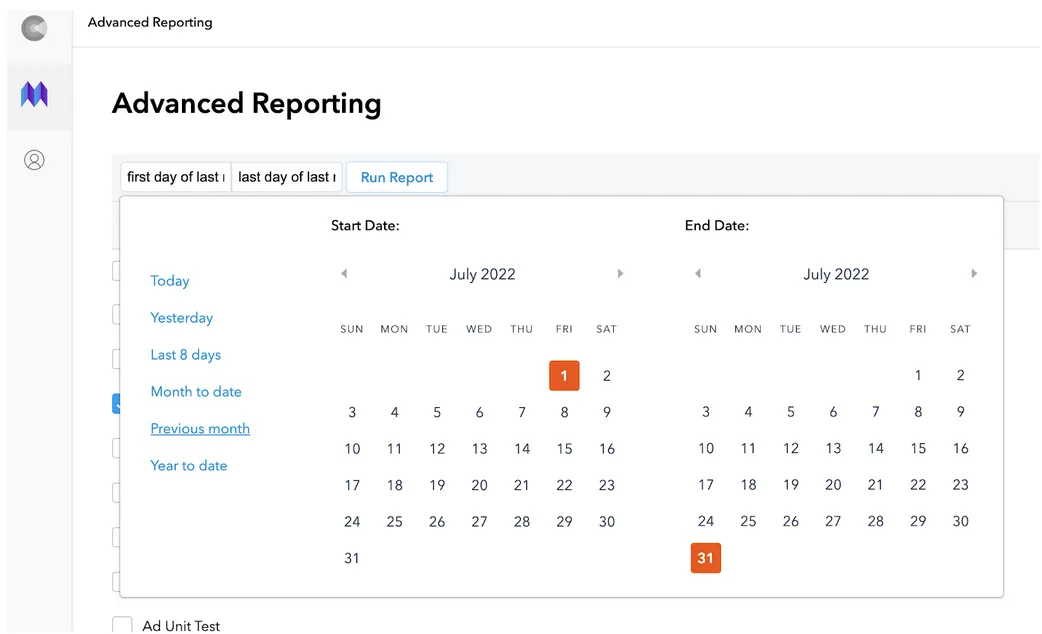 Advanced Reporting. Run Report. Previous month. Start Date. End Date.