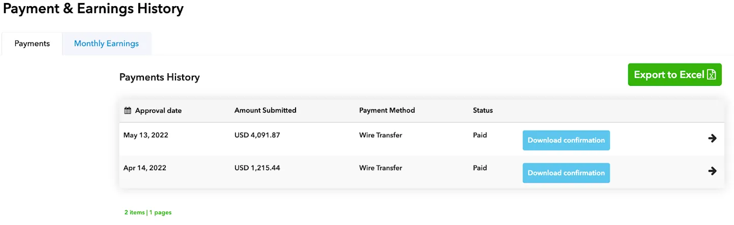 Payment & Earnings History. Payments tab. Payments History. Table: Approval date, Amount Submitted, Payment Method, Status, Download confirmation button. Export to Excel button.