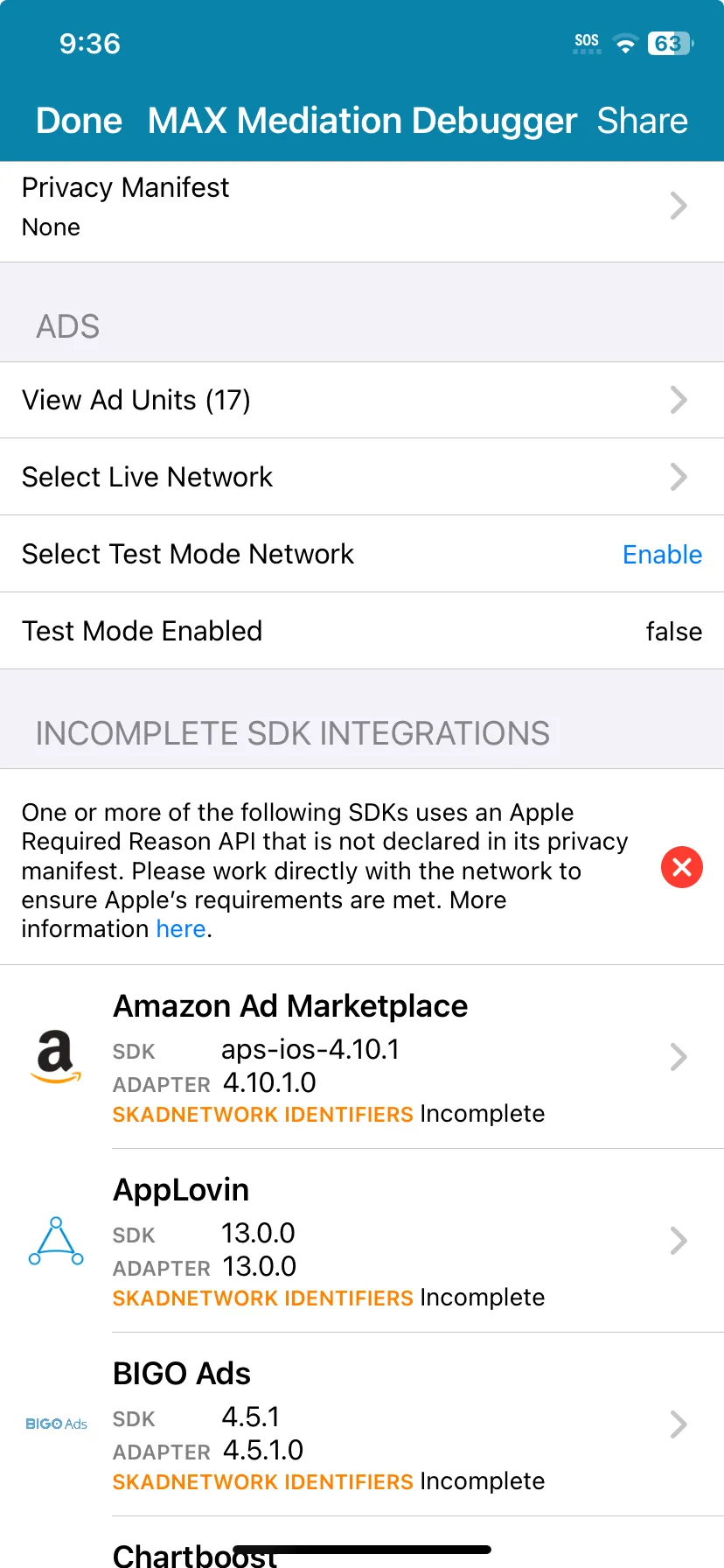 Incomplete SDK Integrations: One or more of the following SDKs uses an Apple Required Reason API that is not declared in its privacy manifest. Please work directly with the network to ensure Apple’s requirements are met.