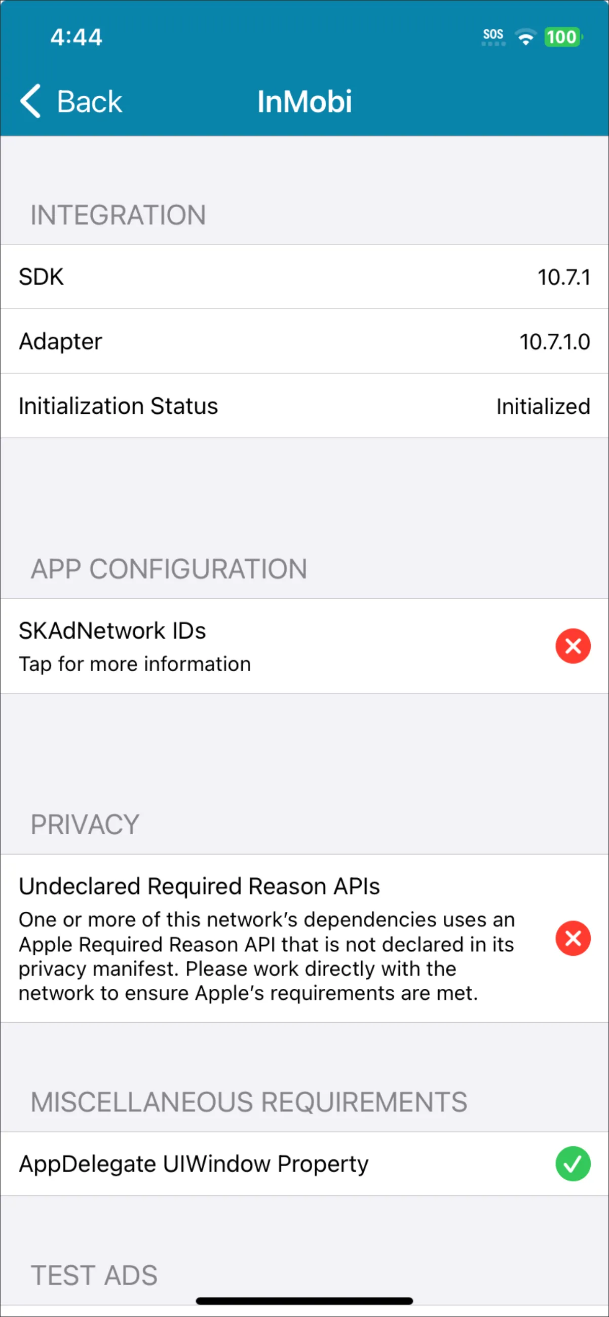 Privacy: Undeclared Required Reason APIs: One or more of this network’s dependencies uses an Apple Required Reason API that is not declared in its privacy manifest. Please work directly with the network to ensure Apple’s requirements are met.